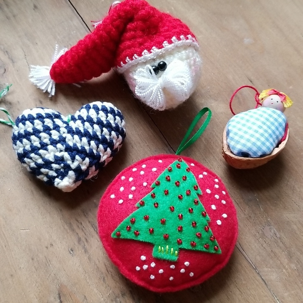 Ornaments Christmas Holiday Handmade Set Crochet Santa Heart Folkart Old Fashion
